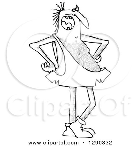 Clipart Of A Black And White Hairy Caveman Complaining And Standing