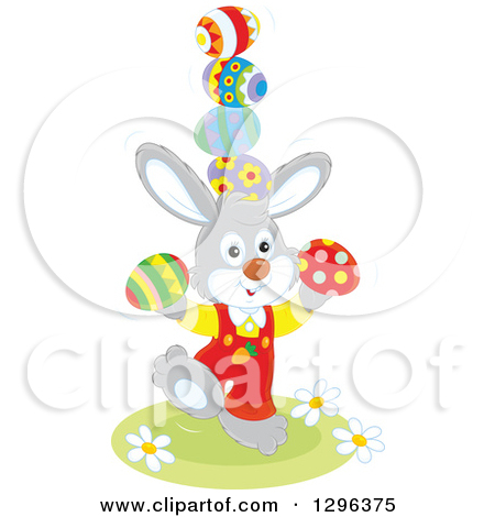 Clipart Of A Gray Bunny Rabbit Balancing Easter Eggs   Royalty Free    