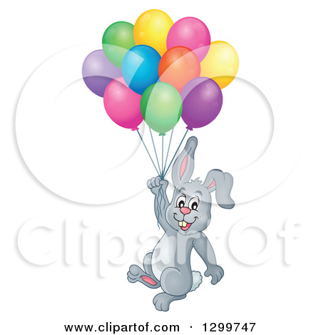 Clipart Of A Gray Bunny Rabbit Floating With Colorful Party Balloons