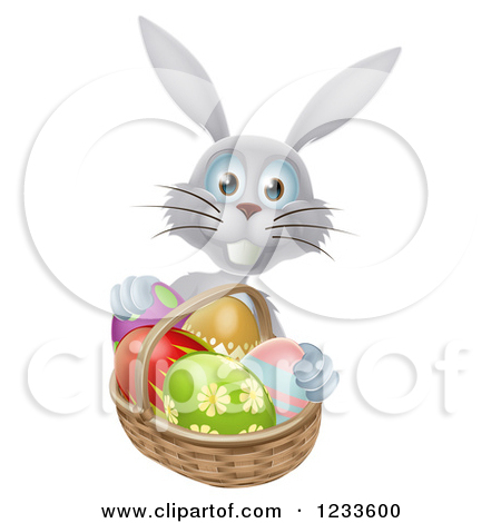 Clipart Of A Gray Bunny With Easter Eggs And A Basket   Royalty Free    