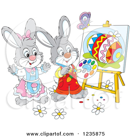 Clipart Of Gray Easter Bunny Rabbits Painting Eggs On Canvas   Royalty    