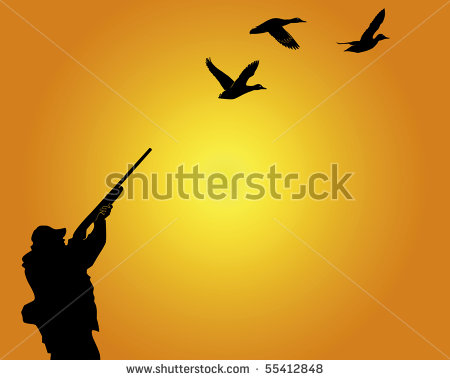 Silhouette Of The Hunter Of Ducks On An Orange Background Stock Vector    