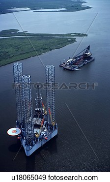 Stock Photograph   Offshore Oil Drilling Rig And Construction Barge In