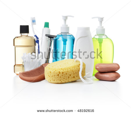 Assorted Personal Hygiene Products On White Background   Stock Photo