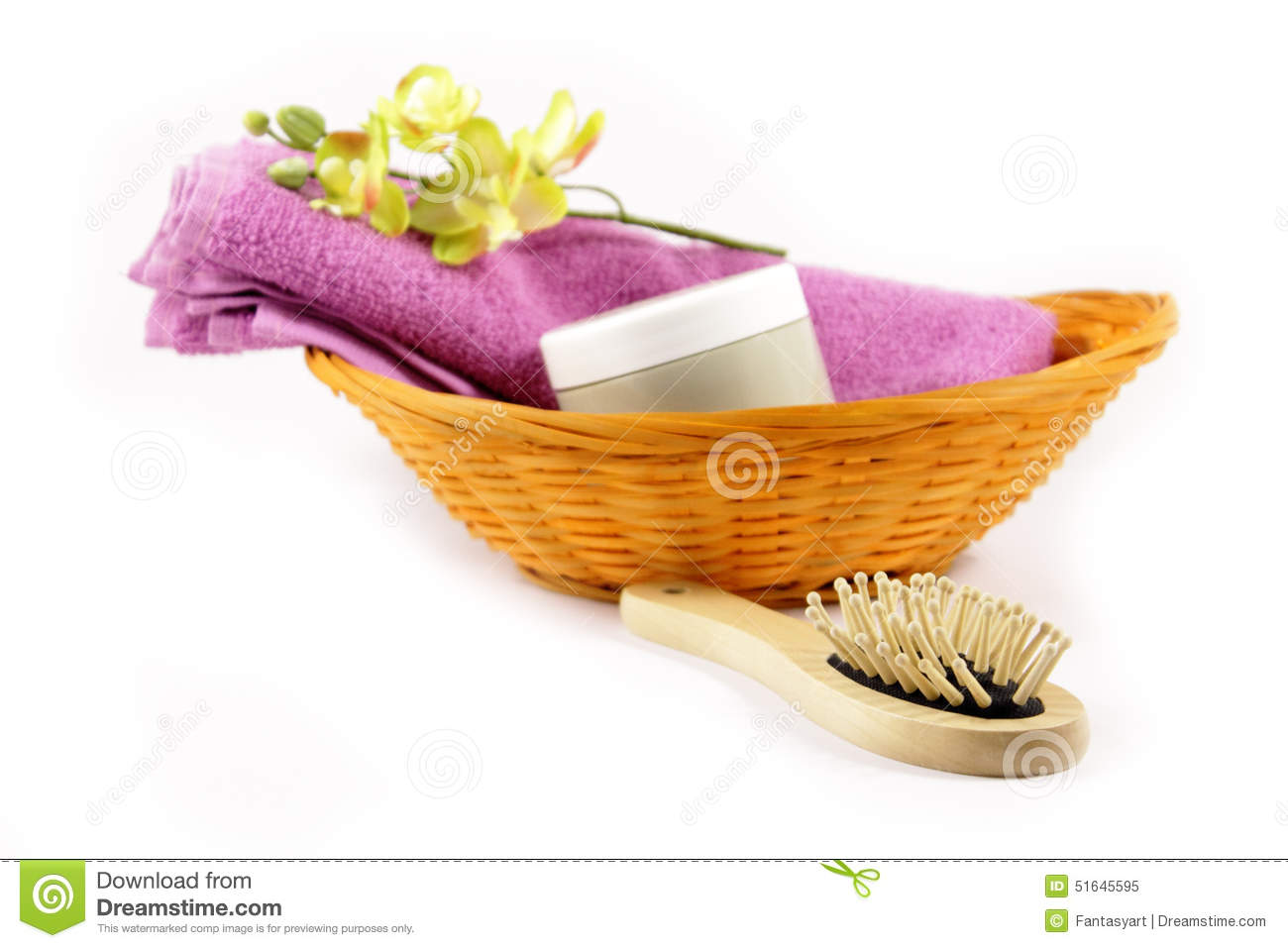 Basket With Beauty And Hygiene Products Towel Brush And Cream Pot