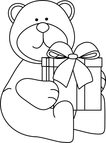 Black And White Christmas Bear With Gift Clip Art   Black And White