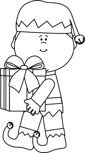 Black And White Christmas Elf With A Gift Clip Art   Black And White