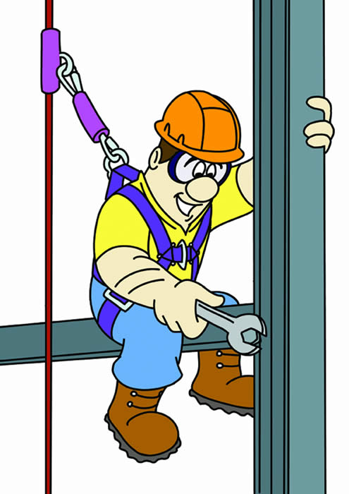 Cartoon Man Sitting On A Steel Girder Wearing A Safety Harness And