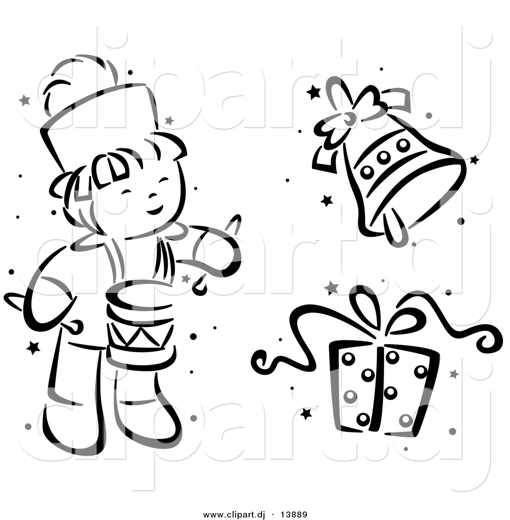 Clipart Of A Cartoon Christmas Drummer Bell And Gift Black And White