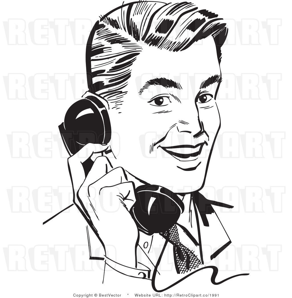 Free Black And White Retro Vector Clip Art Of A Guy Talking On A Phone