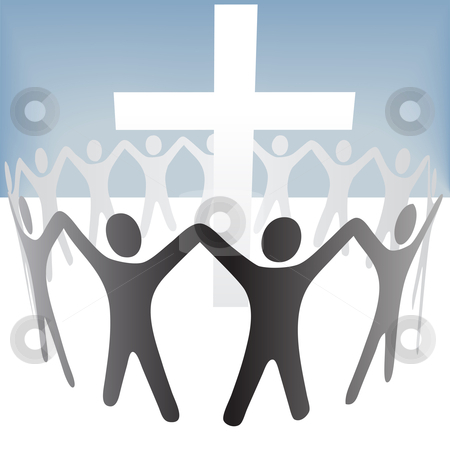 People Circle Hold Up Hands Gather Around A Cross Stock Vector Clipart