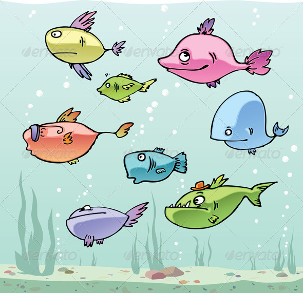 Set Of The Funny Cartoon Fishes In Their Habitat    Animals Characters