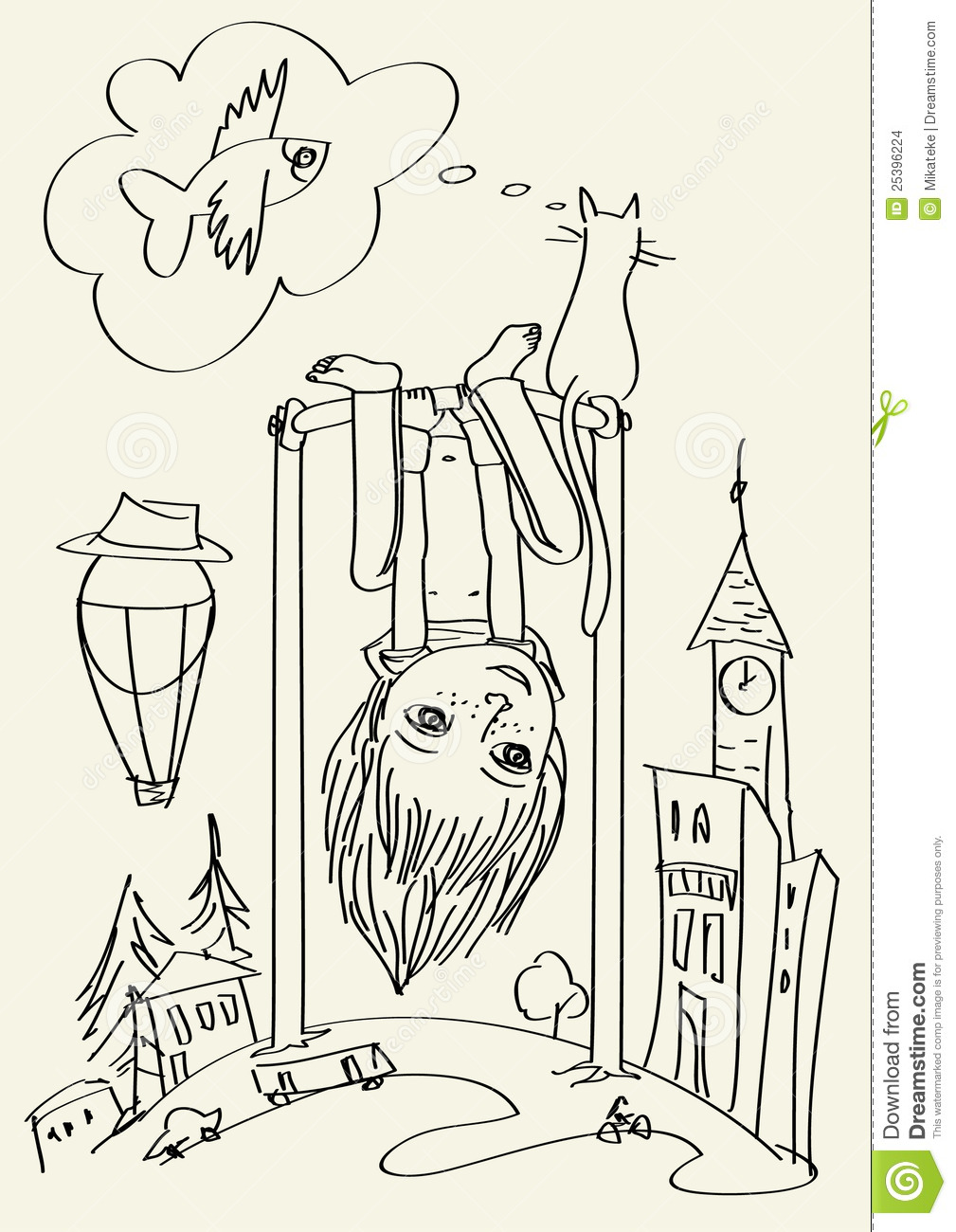 Surreal Sketch Illustration Of A Boy Upside Down On The Horizontal Bar