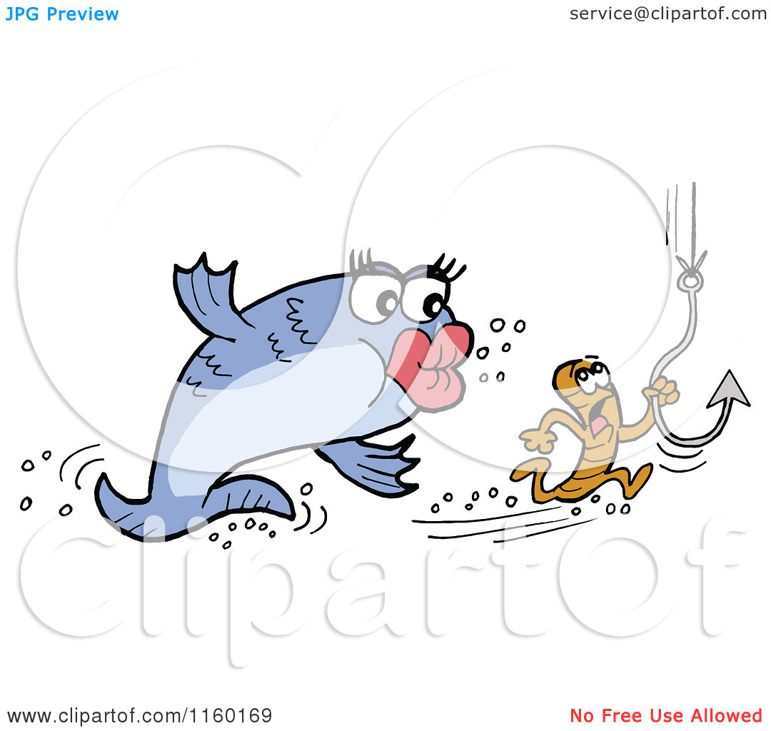 Cartoon Of A Female Fish Chasing A Male Worm With A Hook   Royalty
