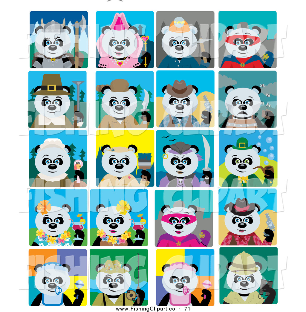 Clip Art Of A Giant Panda Bears In Multiple Costumes And Poses On    