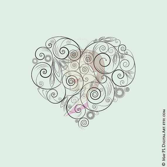 Elegant Heart Design Flourish Swirls Formal Ornate Headpiece Clip Art