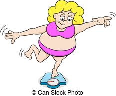 Overweight Woman Balancing On A Bathroom Scale   Vector