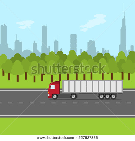 Picture Of Truck On The Road With Forest And City Silhouette