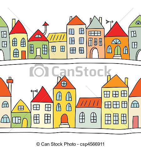 Vector   Seamless Vector Background With Houses   Stock Illustration
