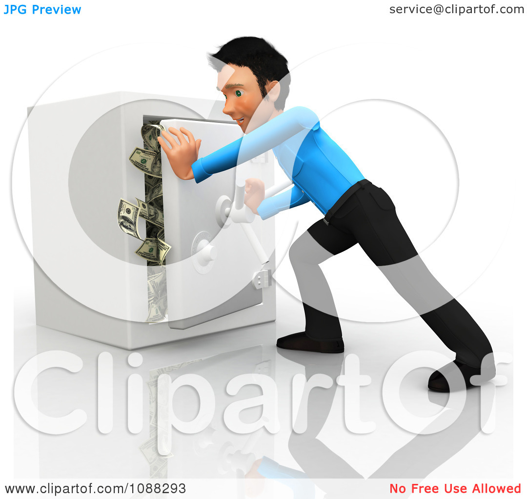 Clipart 3d Business Guy Trying To Shut A Full Vault Safe   Royalty    