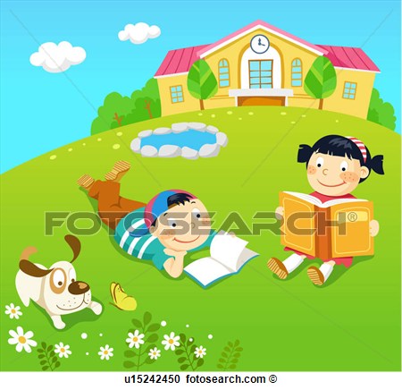 Illustration   Reading In The School Yard  Fotosearch   Search Clipart