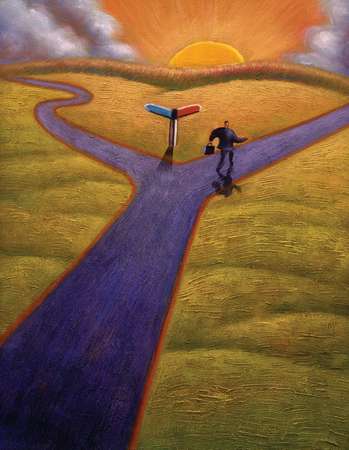 Businessman Taking One Of Two Paths At A Fork In The Road