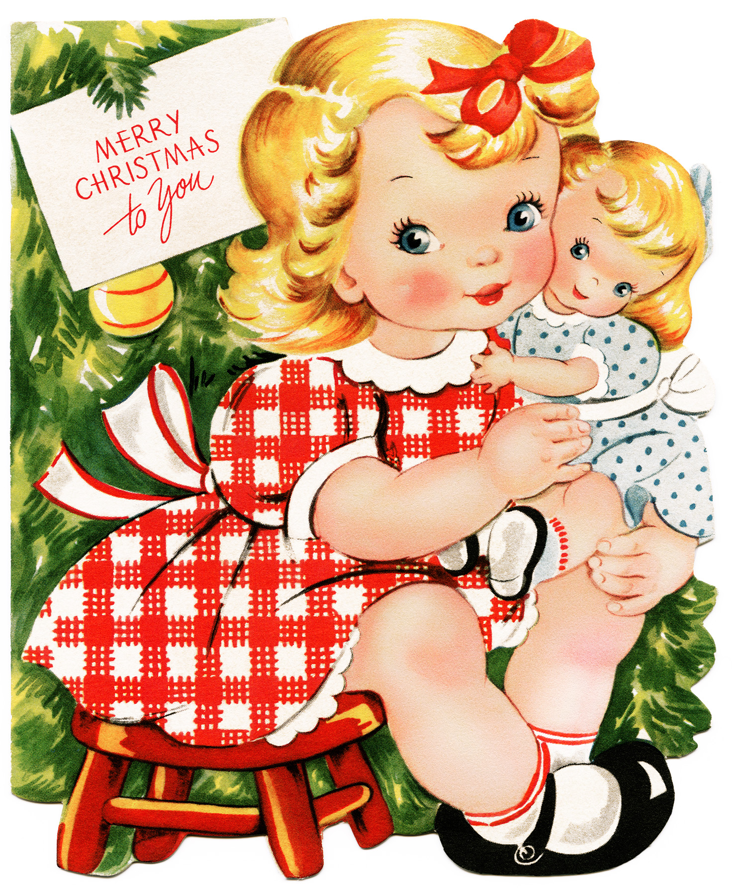 Christmas Card Girl And Doll Clipart Vintage Printable Christmas