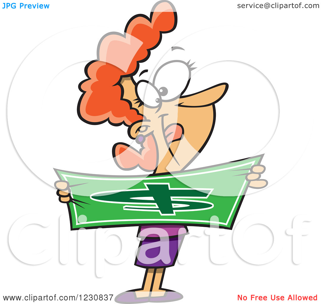 Clipart Of A Cartoon Caucasian Happy Woman Stretching A Dollar    