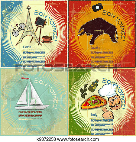 Clipart   Set Of Vintage Travel Postcard   French Italian And Spanish