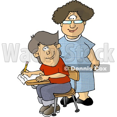 Female Elementary School Teacher And Male Student Looking At Each