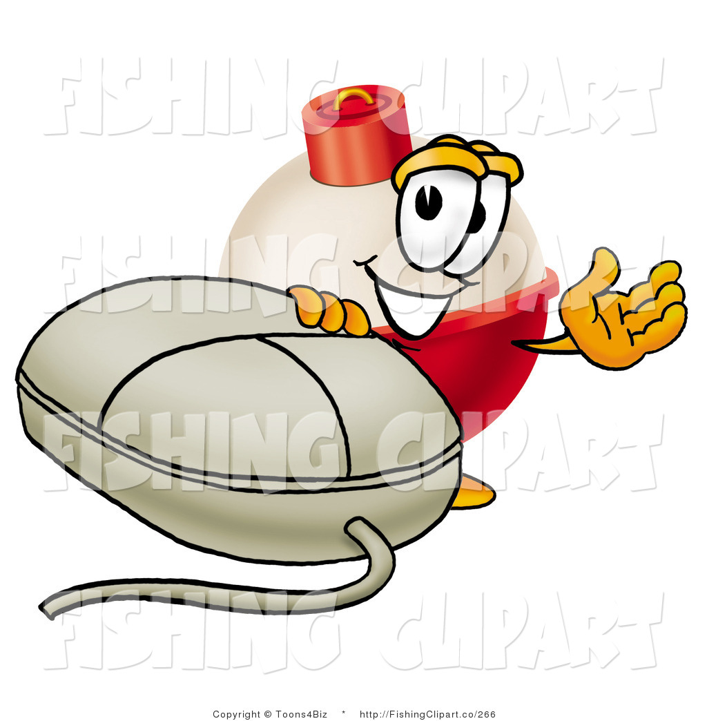 Fishing Bobber Mascot Cartoon Character With A White Computer Mouse