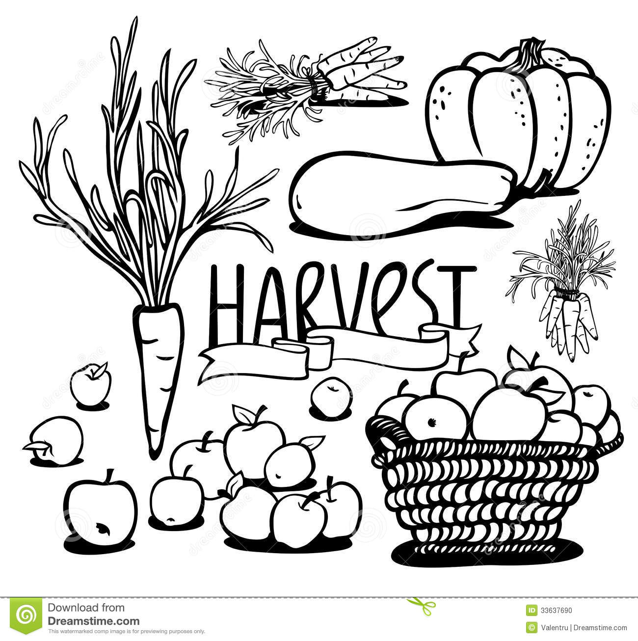 Harvest Of Vegetables And Fruits  Black And White  Jpg Include Path
