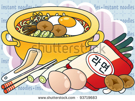 Instant Ramen Noodles On Blue Background   Korean Words    Ramyon