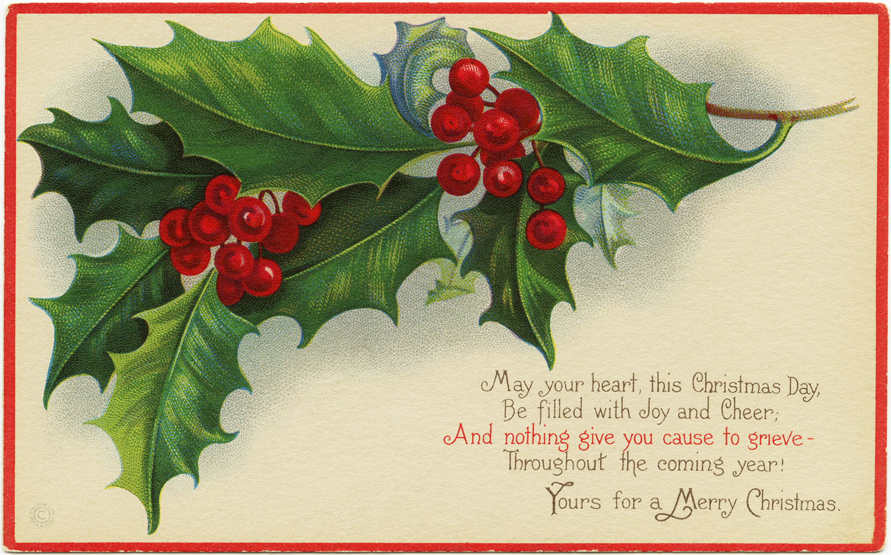 Postcard Old Fashioned Christmas Card Holly Berries Clipart