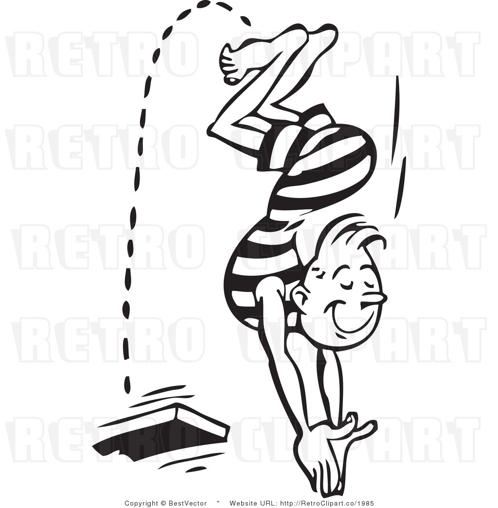 Royalty Free Black And White Retro Vector Clip Art Of A Man Diving By    