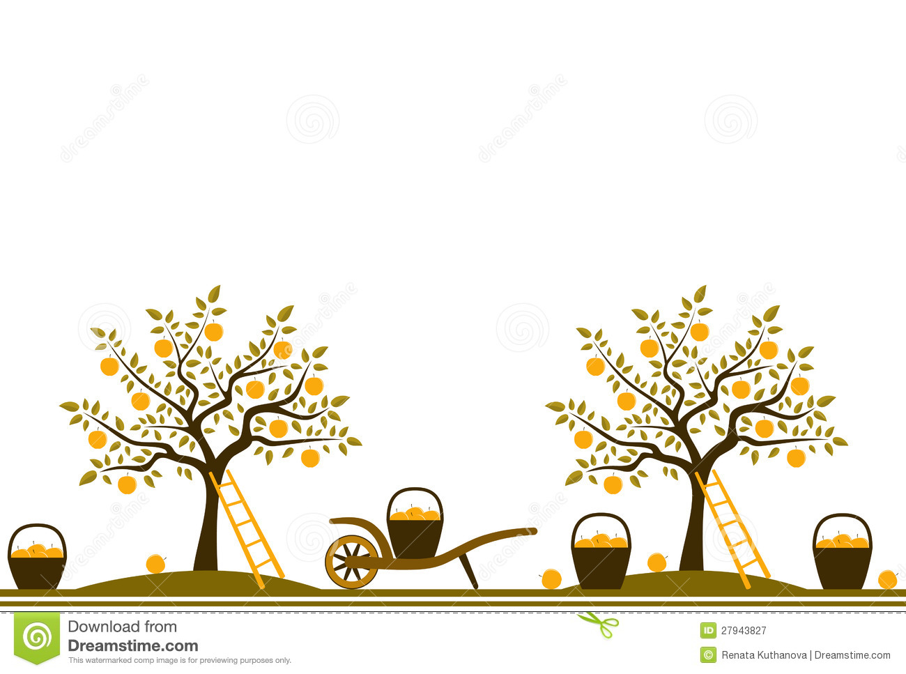 Seamless Border With Apple Trees Hand Barrows And Baskets Of Apples
