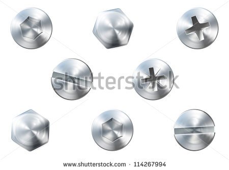 Set Of Metal Shiny Screws And Bolts For Use In Your Designs   Stock