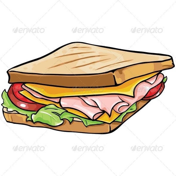 Vector Cartoon Sandwich With Ham And Vegetables   Food Objects