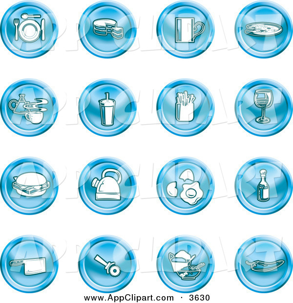 Vector Clip Art Of A Collection Of 16 Blue Icons Of Food And Kitchen    