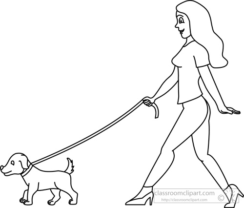 Animals   Woman Walking A Dog Outline   Classroom Clipart