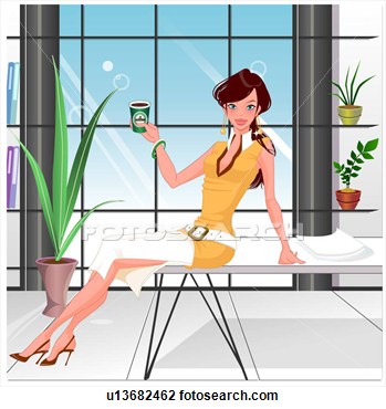 Clip Art   Woman With Cup Of Coffee On Desk  Fotosearch   Search
