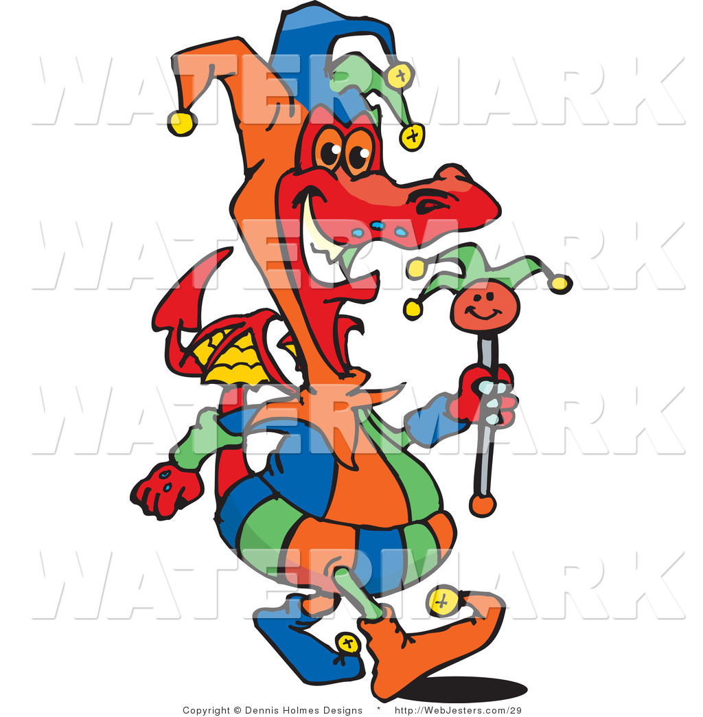 Clipart Of A Colorful Red Jester Dragon Carrying A Staff And Grinning    
