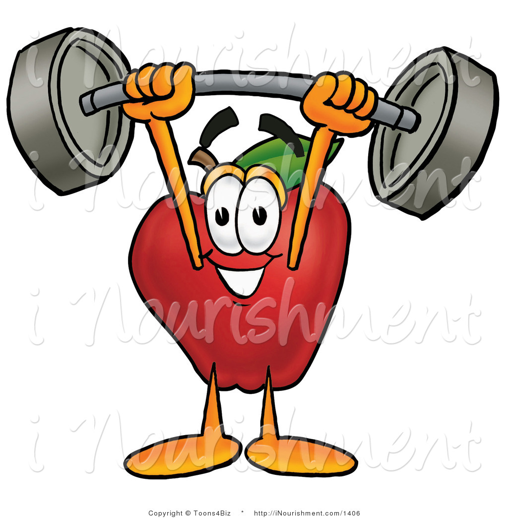 Clipart Of A Strong Red Apple Character Mascot Holding A Heavy Barbell    