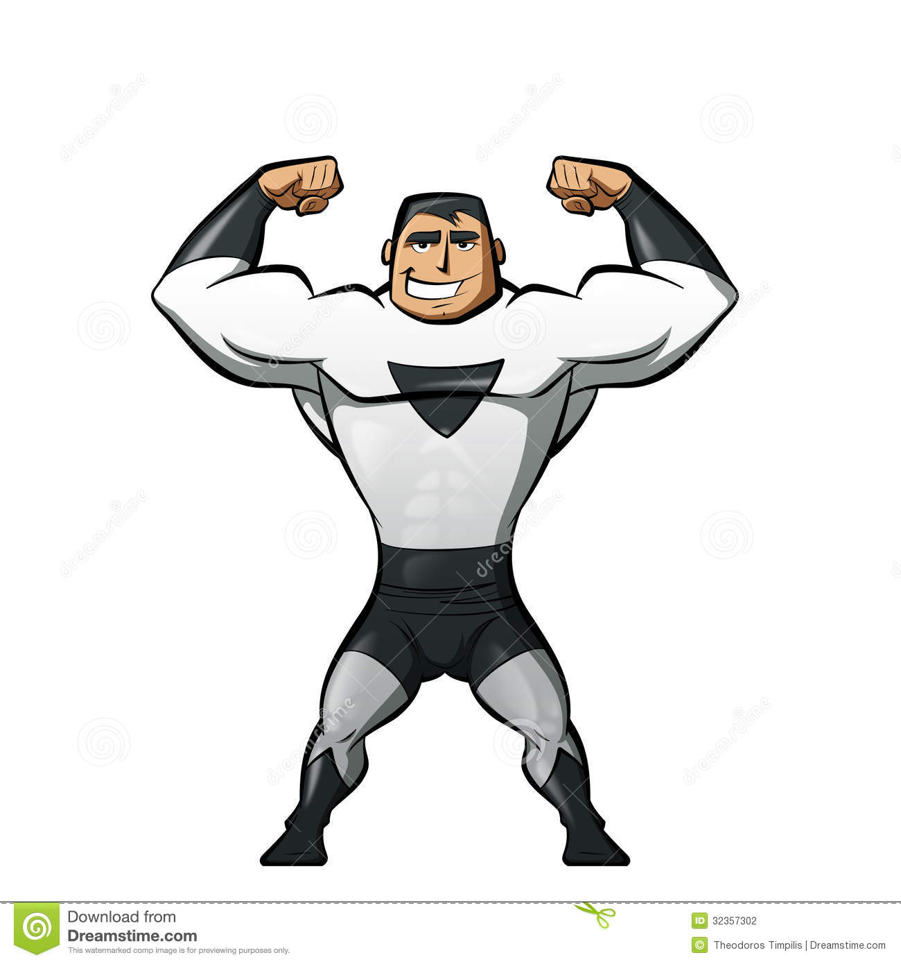 Super Strong Hero In Black And White Suit In A Power Gesture Stock