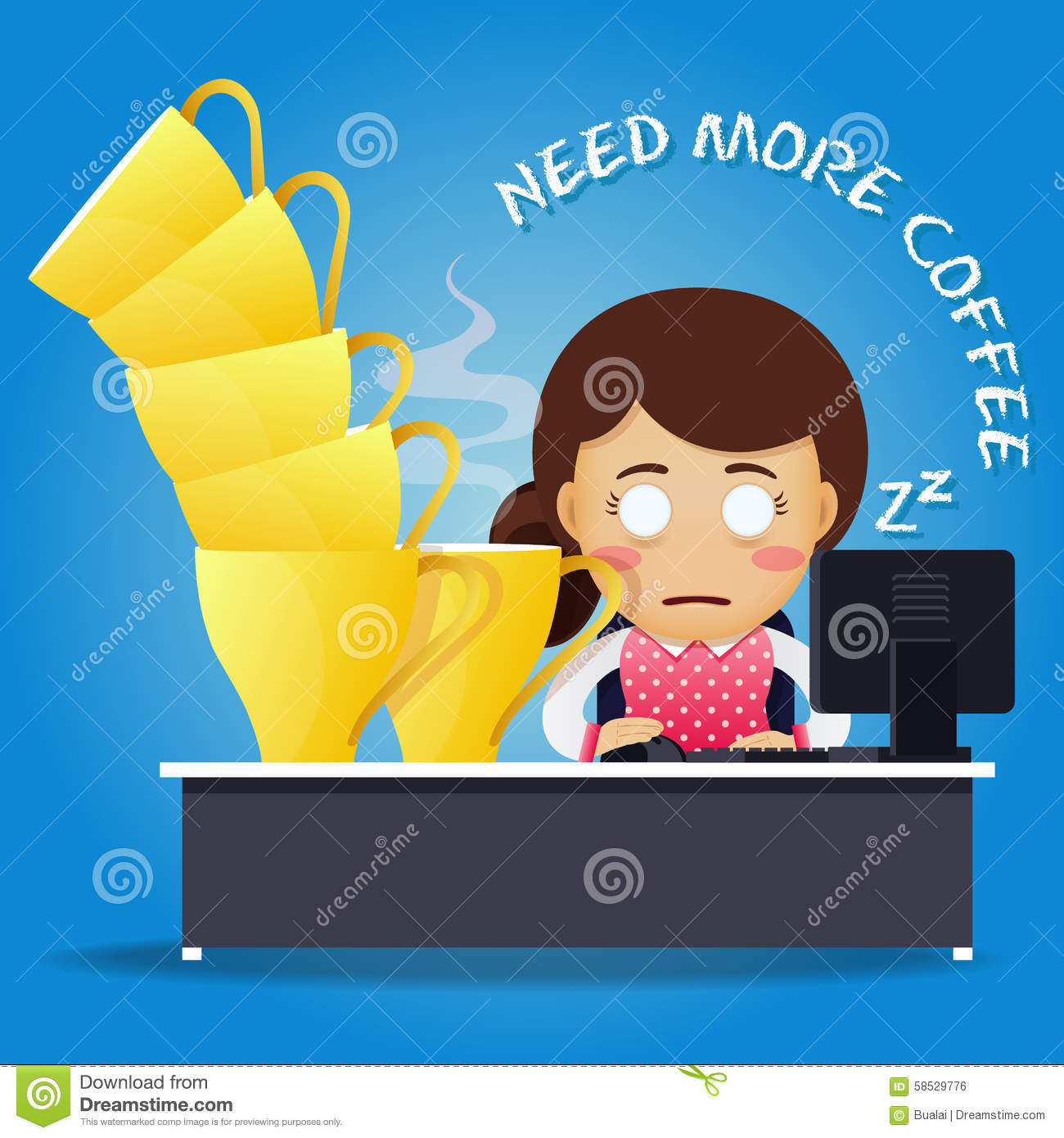     Woman Working On Computer At Desk With Stack Of Big Coffee Cups