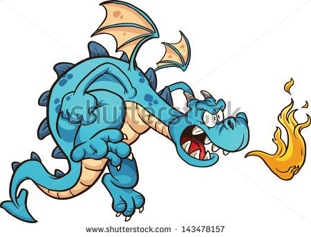 Fire Breathing Cartoon Blue Dragon  Vector Clip Art Illustration With