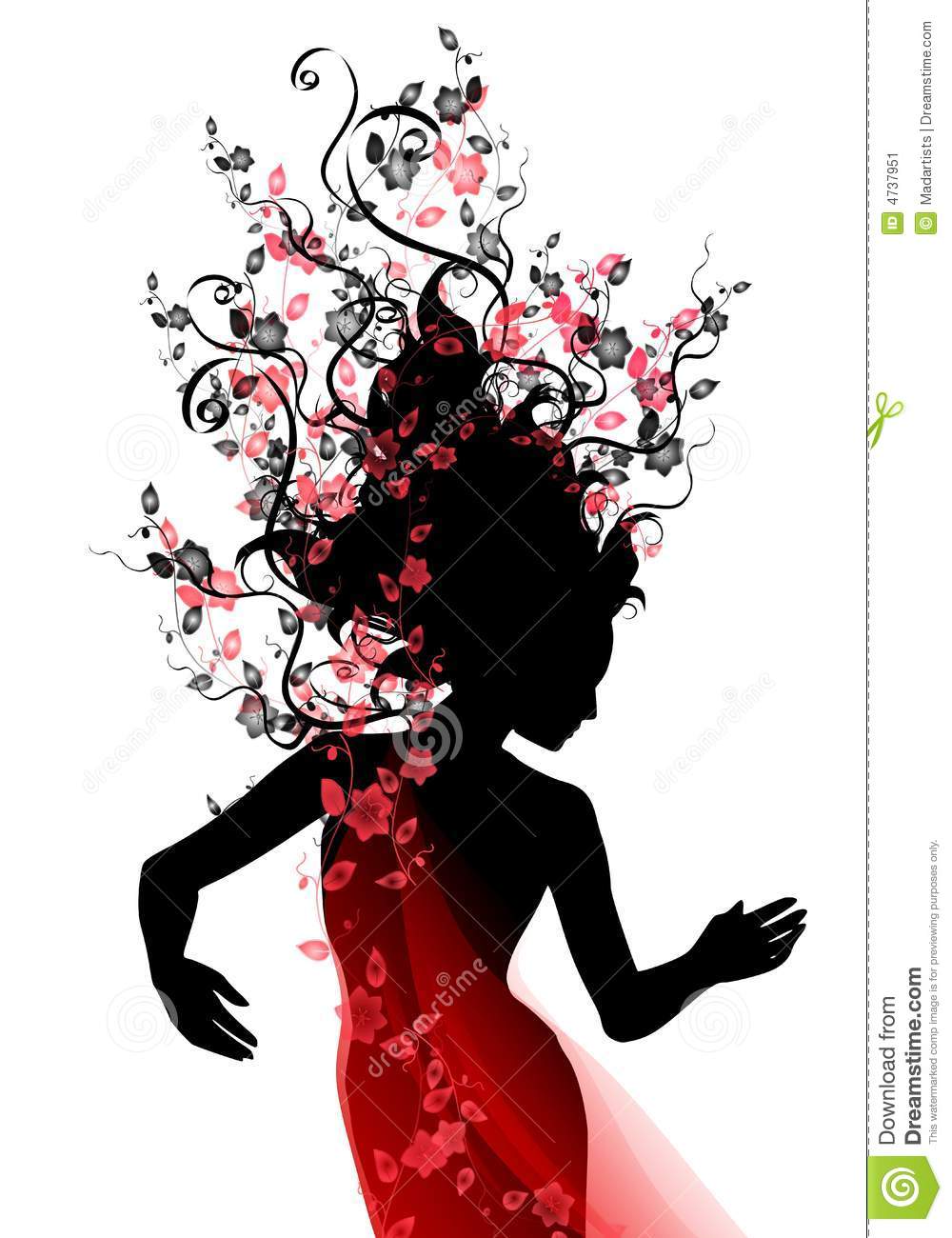 Long Flowing Hair As A Vine With Flowers And Gown In Red And Black