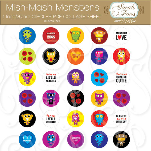 Monsters Collage Sheet 1 Inch Circles For Badges Magnets Clip Art    