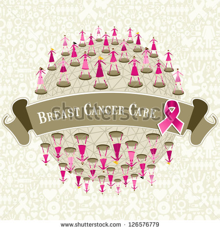 Breast Cancer Care Globe Awareness With Women Teamwork On Icon Set