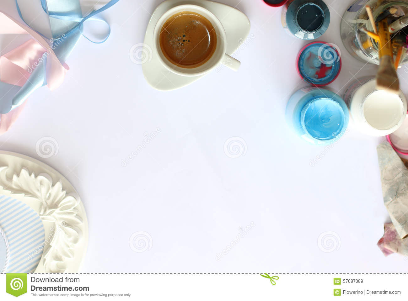 Coffee Espresso In White Cup Ribbons Paintbrushes Open Containers